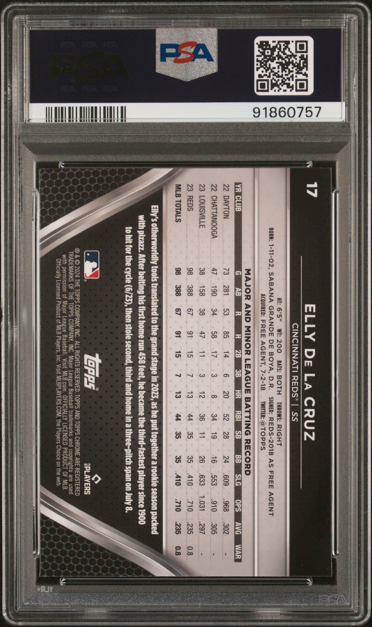 Graded 2024 Topps Chrome Black Elly De La Cruz #17 Rookie RC Baseball Card PSA 10 Gem Mint