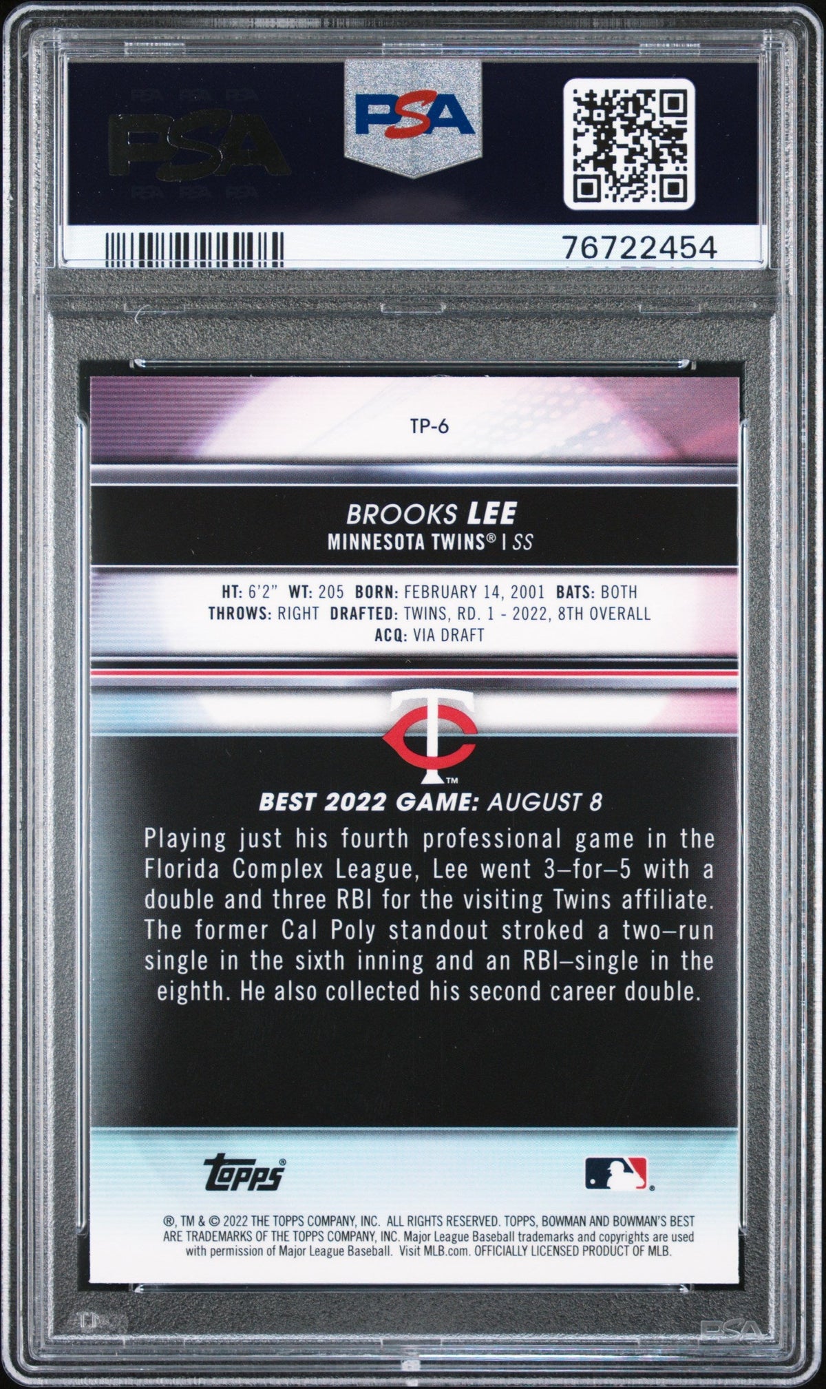 Graded 2022 Topps Bowmans Best Brooks Lee #TP6 Top Prospects Rookie RC Baseball Card PSA 10 Gem Mint