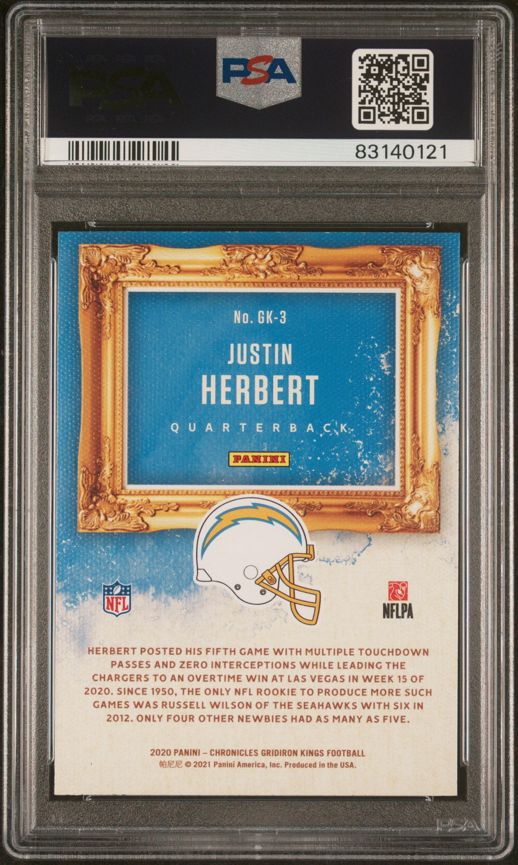 Graded 2020 Panini Chronicles Justin Herbert #GK3 Pink Rookie RC Football Card PSA 10 Gem Mint