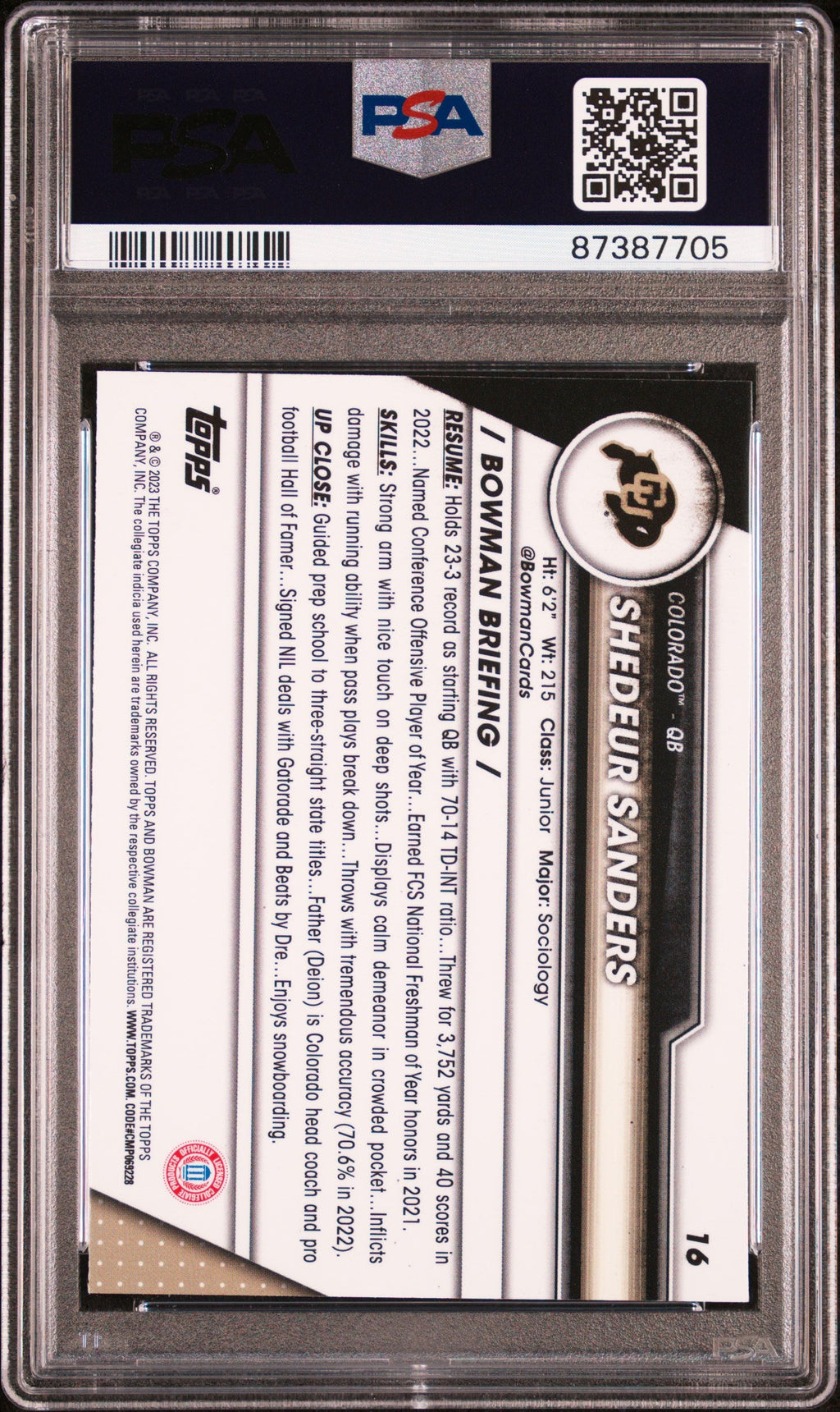 Graded 2023 Topps Bowman U Sapphire Shedeur Sanders #16 Rookie RC Football Card PSA 10 Gem Mint
