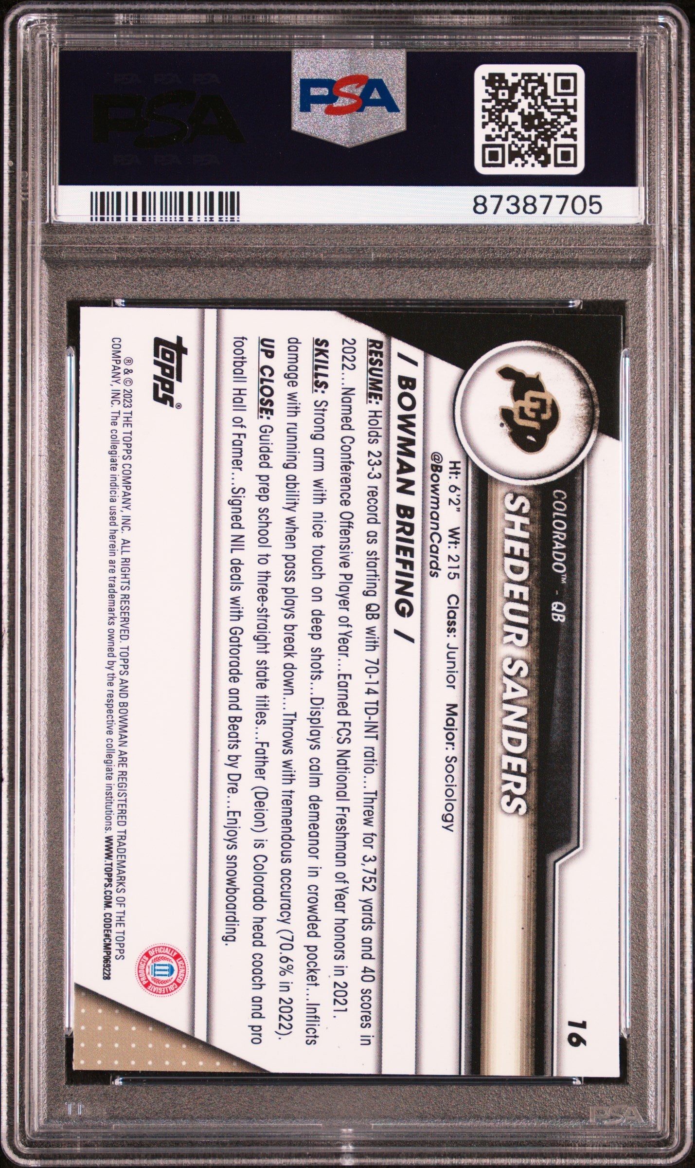 Graded 2023 Topps Bowman U Sapphire Shedeur Sanders #16 Rookie RC Football Card PSA 10 Gem Mint