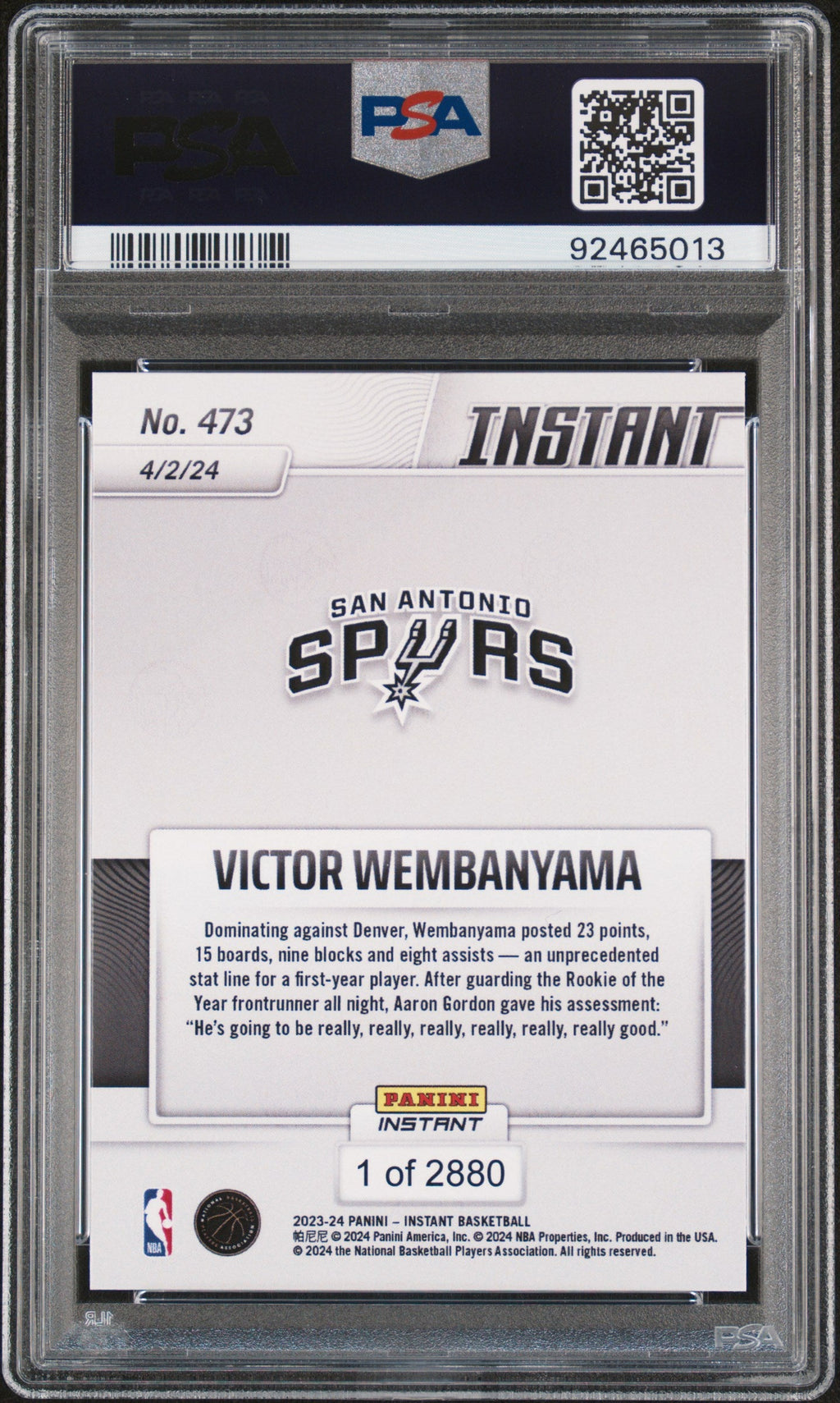 Graded 2023 Panini Instant Victor Wembanyama #473 Rookie RC Basketball Card PSA 9 Mint