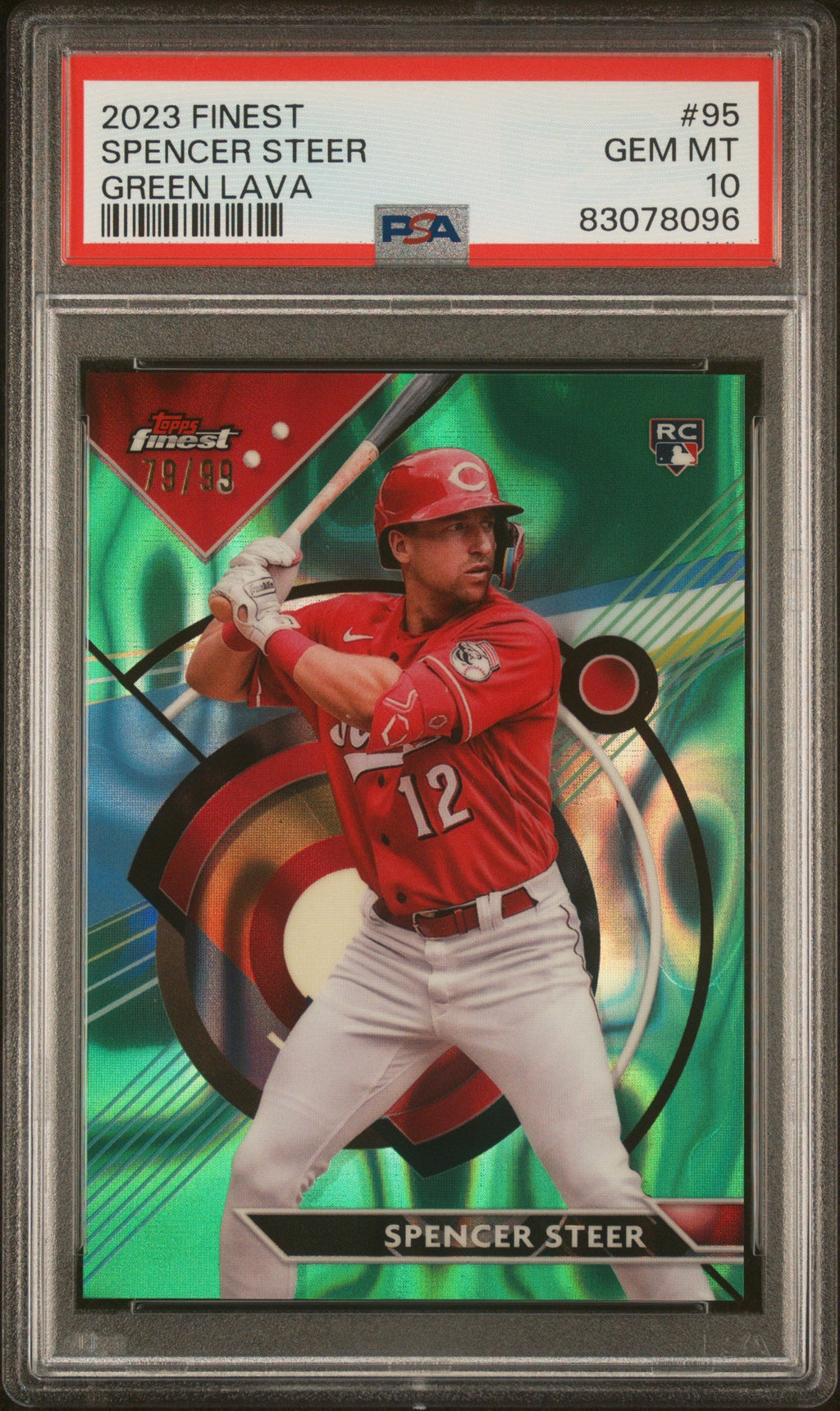 Graded 2023 Topps Finest Spencer Steer #95 Green Lava /99 Rookie RC Baseball Card PSA 10 Gem Mint