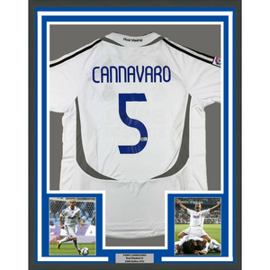 Framed Autographed/Signed Fabio Cannavaro 35x39 Real Madrid White Soccer Jersey Beckett BAS COA