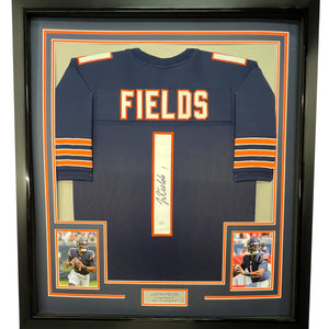 Framed Autographed/Signed Justin Fields 35x39 Chicago Blue Football Jersey JSA COA