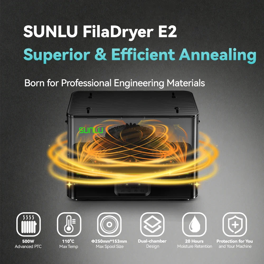 SUNLU FilaDryer E2, Professional Drying and Annealing, Up to 110℃/230°F, Born for Engineering 3D Printing Filaments