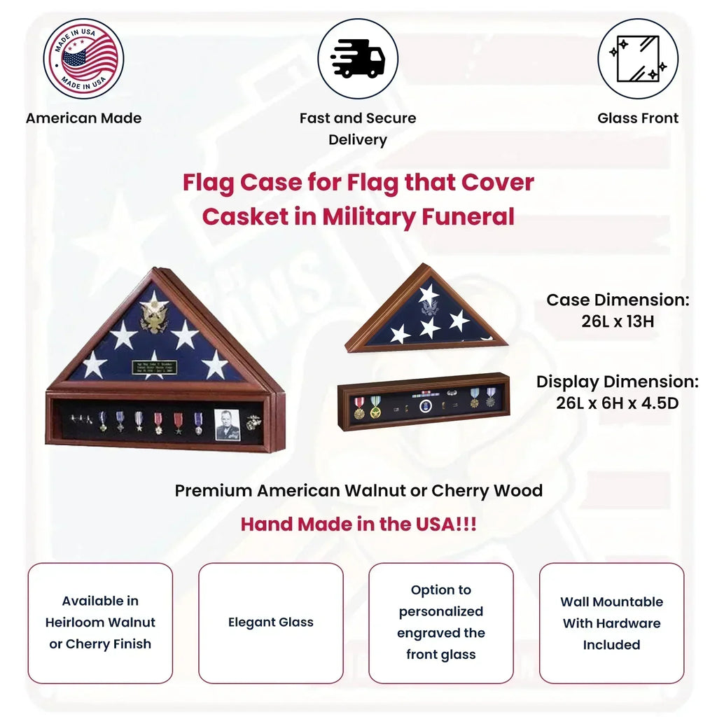 American Flag Case and Medal Display Case - Presidential - Walnut Material.