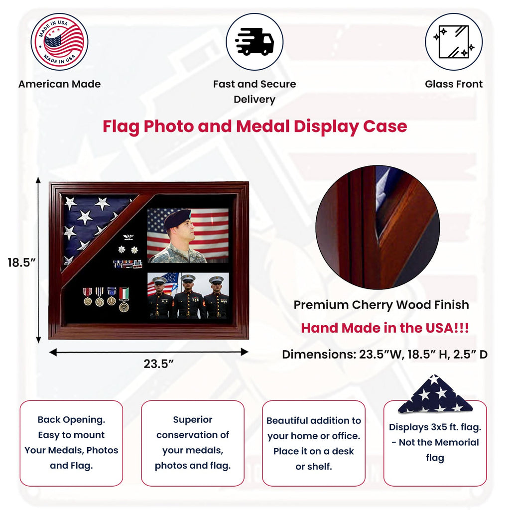 Military Award Shadow Box with Display Case for 3 x 5ft Flag - Felt in Black