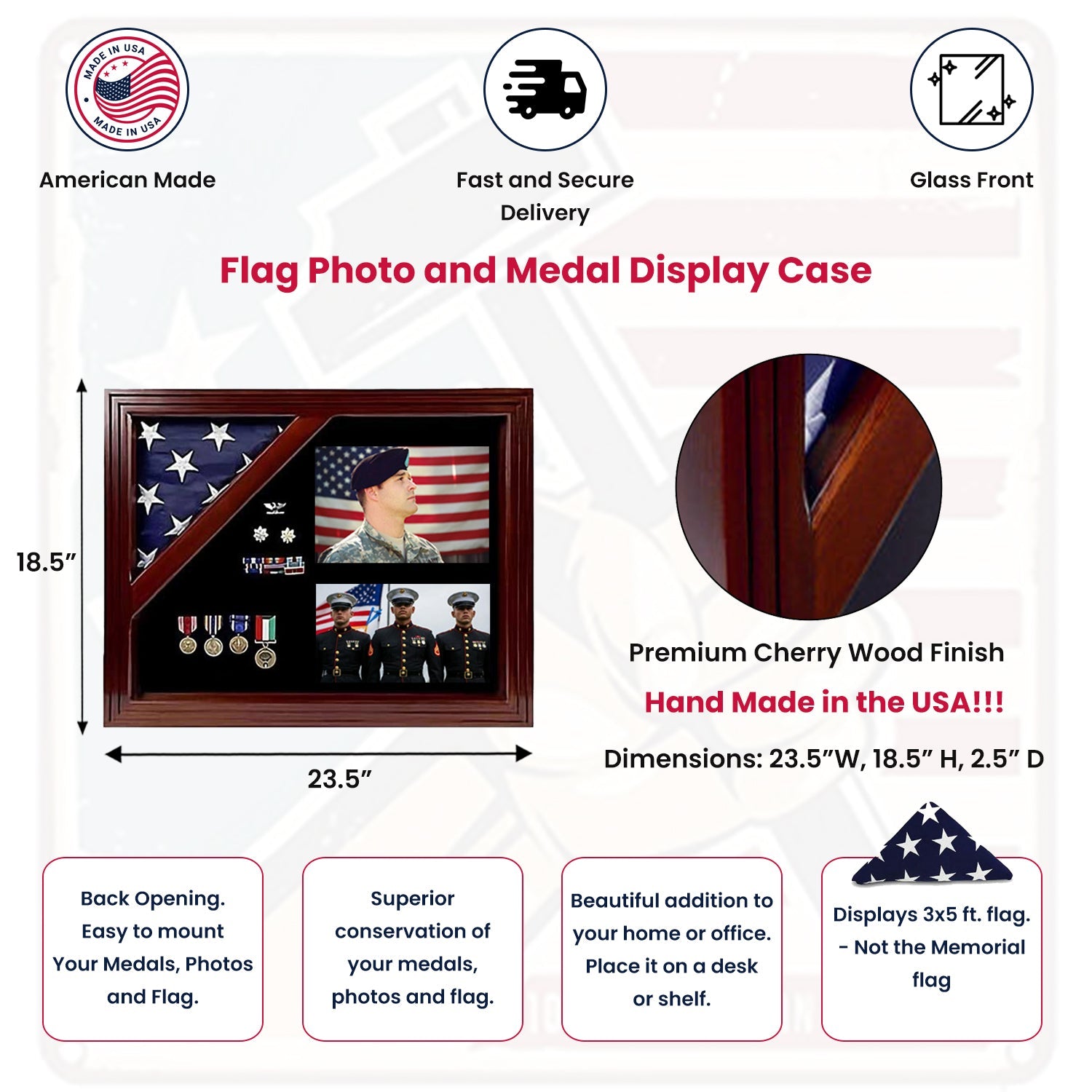 Military Award Shadow Box with Display Case for 3 x 5ft Flag - Felt in Black