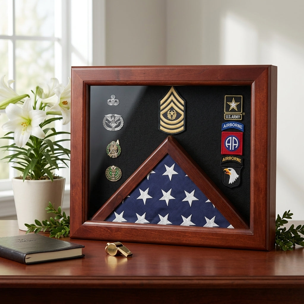 Military Flag medal display case, Mahogany wood for 3x5 flag