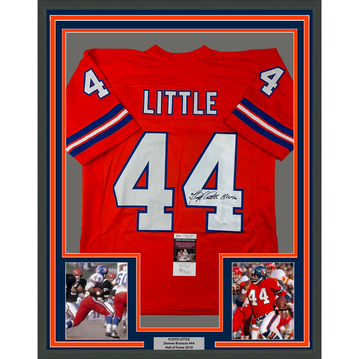 Framed Autographed/Signed Floyd Little 35x39 HOF Denver Orange Football Jersey JSA COA
