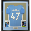Framed Autographed/Signed Phil Foden 35x39 Manchester City Blue Soccer Futbol Jersey Beckett BAS COA
