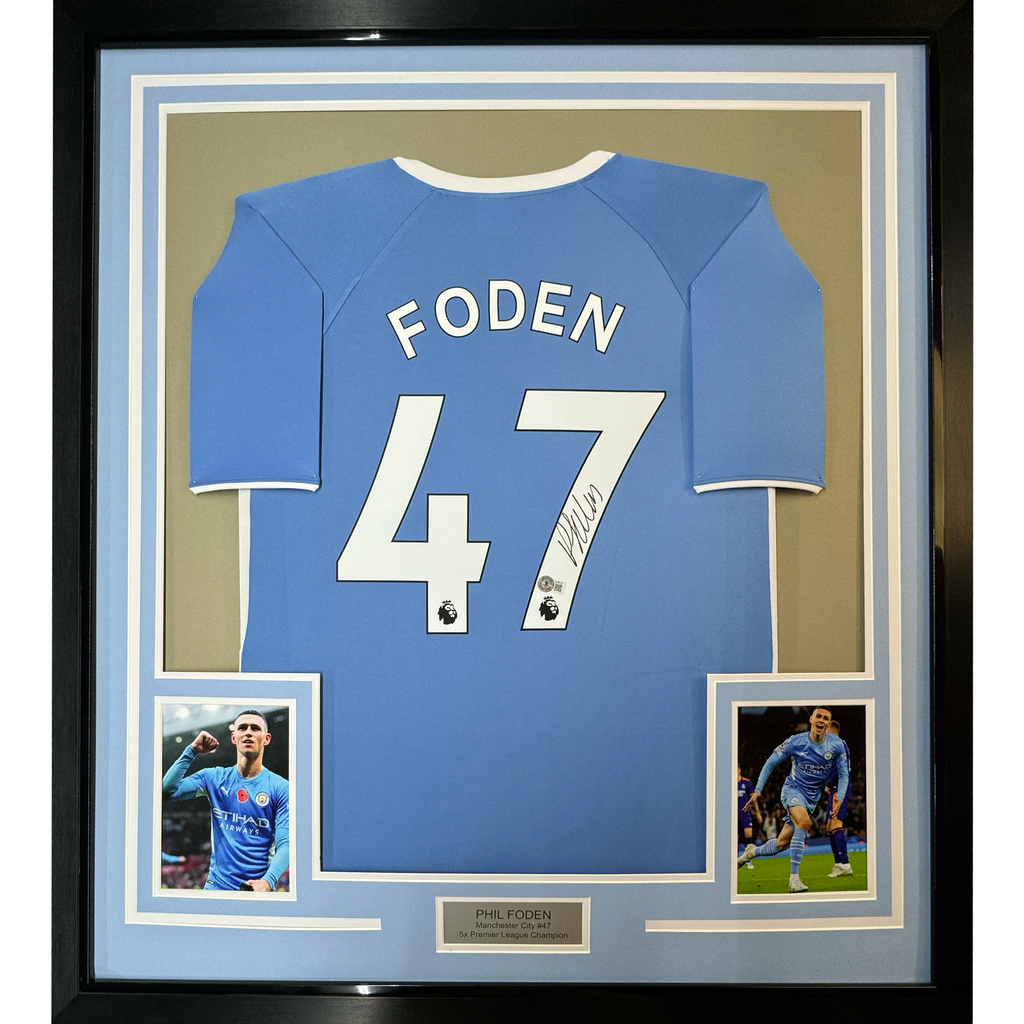 Framed Autographed/Signed Phil Foden 35x39 Manchester City Blue Soccer Futbol Jersey Beckett BAS COA #2