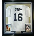 Framed Autographed/Signed Whitey Ford 35x39 New York Pinstripe Baseball Jersey PSA/DNA COA #3