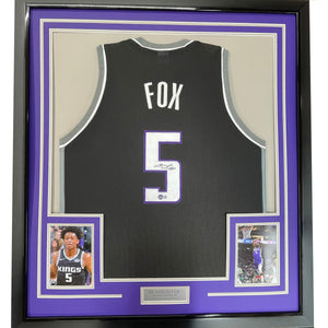 Framed Autographed/Signed De'Aaron Fox 35x39 Sacramento Black Basketball Jersey Beckett BAS COA