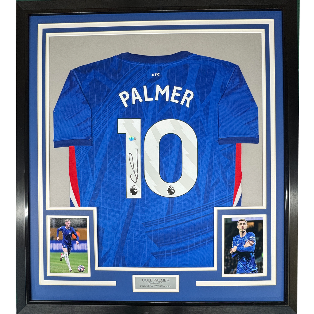 Framed Autographed/Signed Cole Palmer 35x39 Chelsea FC Blue Soccer Futbol Jersey Beckett BAS COA
