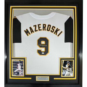 Framed Autographed/Signed Bill Mazeroski 35x39 Pittsburgh White Baseball Jersey JSA COA