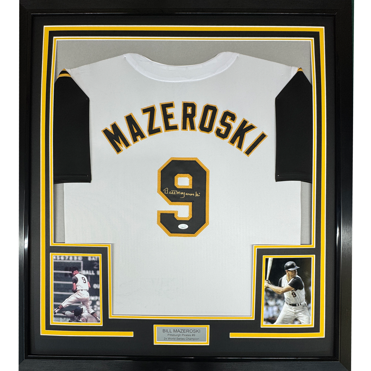Framed Autographed/Signed Bill Mazeroski 35x39 Pittsburgh White Baseball Jersey JSA COA