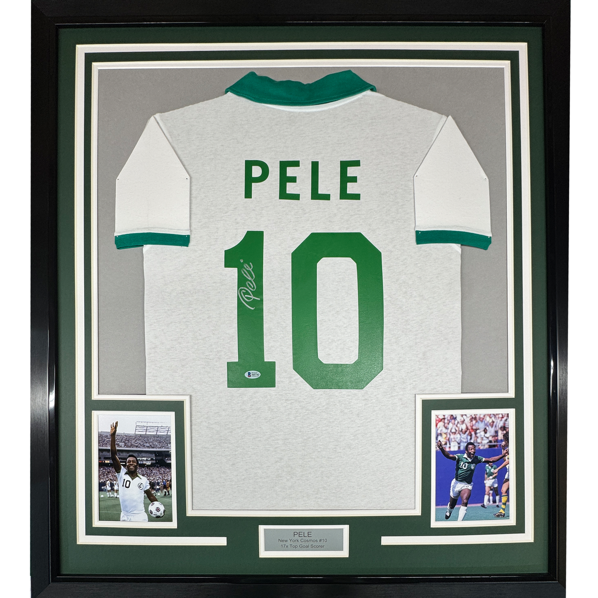 Framed Autographed/Signed Pele 35x39 New York Cosmos White Soccer Futbol Jersey Beckett BAS COA