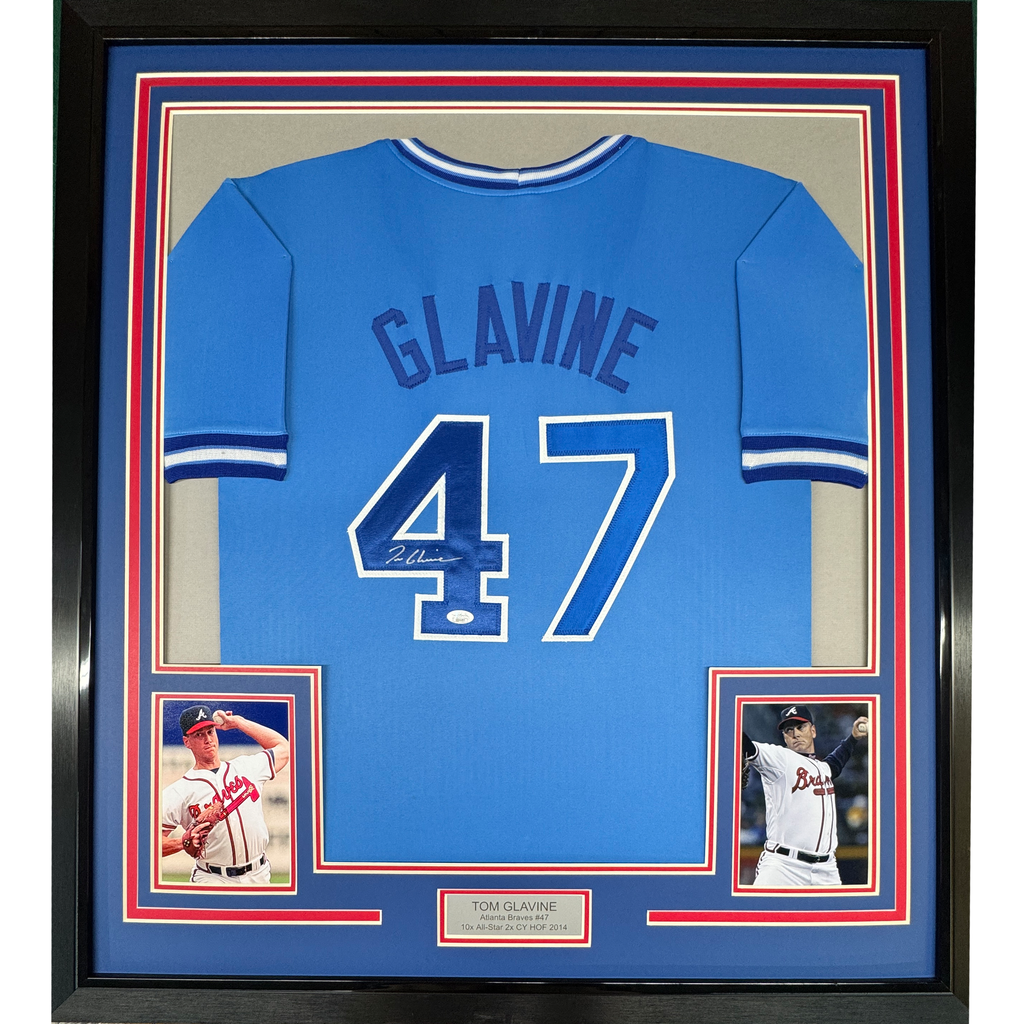 Framed Autographed/Signed Tom Glavine 35x39 Atlanta Light Blue Baseball Jersey JSA COA