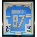 Framed Autographed/Signed Aidan Hutchinson 35x39 Detroit Blue Football Jersey Beckett BAS COA