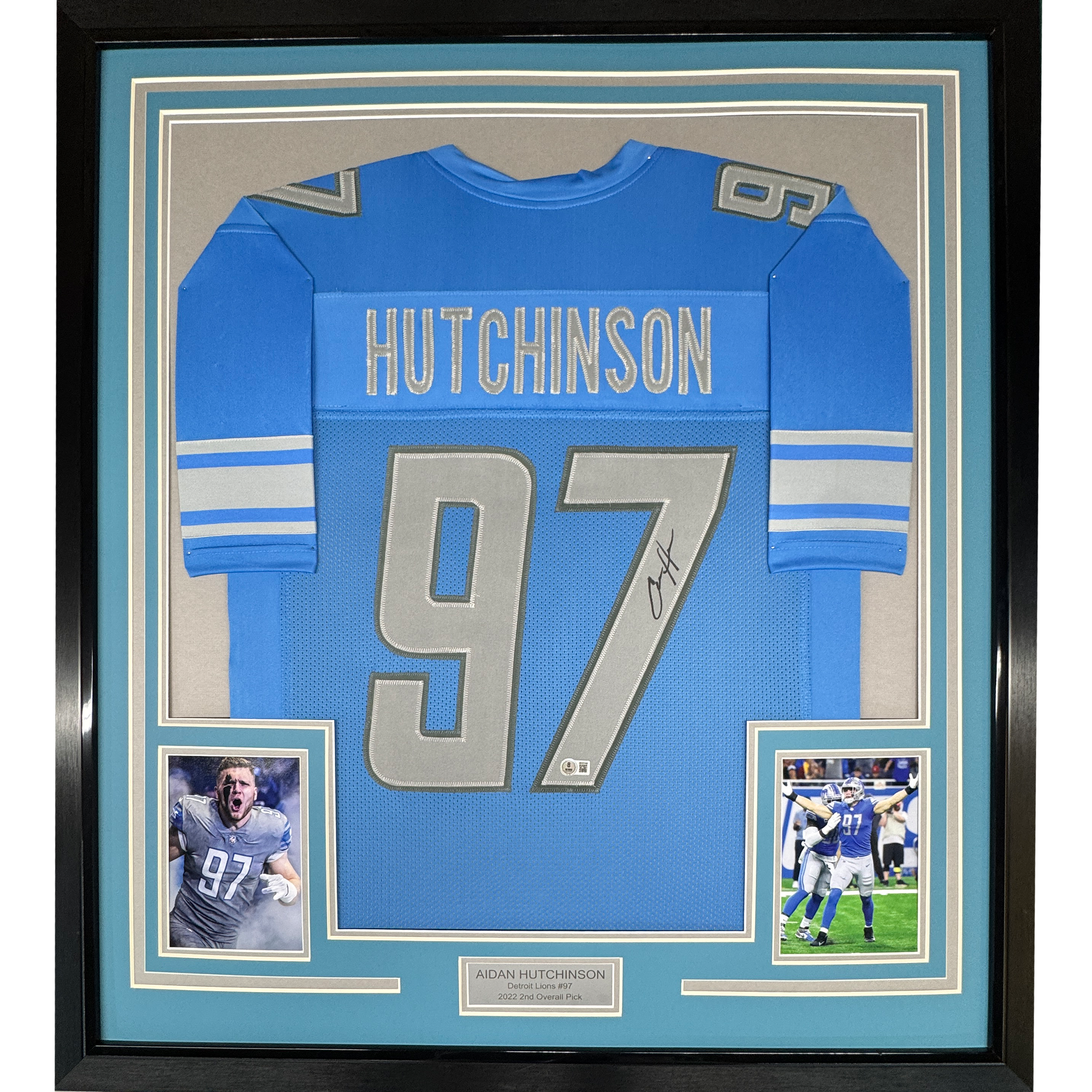 Framed Autographed/Signed Aidan Hutchinson 35x39 Detroit Blue Football Jersey Beckett BAS COA