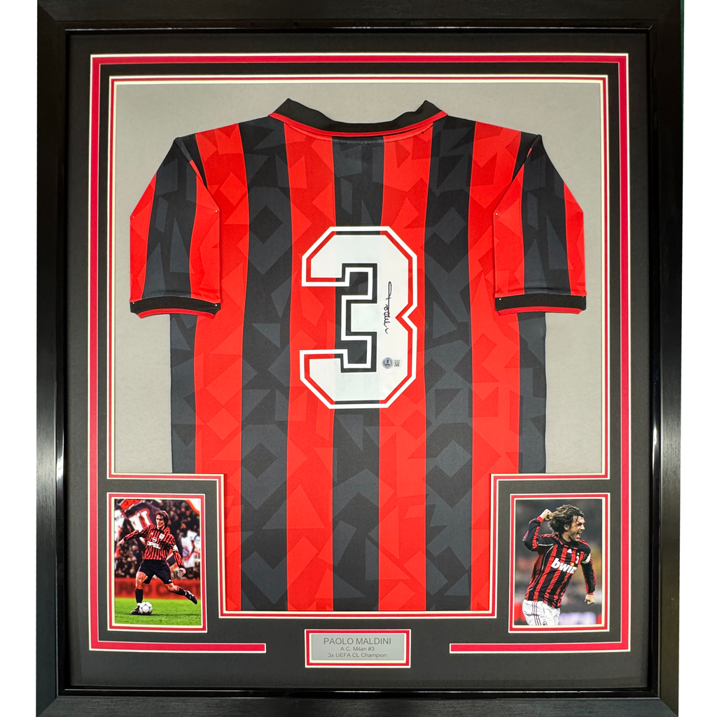 Framed Autographed/Signed Paolo Maldini 35x39 AC Milan Black/Red Soccer Futbol Jersey Beckett BAS COA