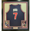 Framed Autographed/Signed Larry Bird 35x39 United States USA Blue 1992 Dream Team Basketball Jersey Beckett BAS COA