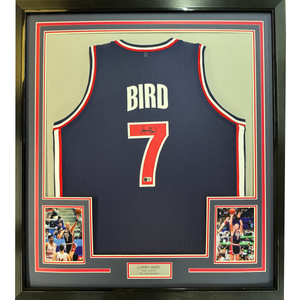 Framed Autographed/Signed Larry Bird 35x39 United States USA Blue 1992 Dream Team Basketball Jersey Beckett BAS COA