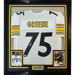 Framed Autographed/Signed Mean Joe Greene HOF 87 35x39 Pittsburgh White Football Jersey JSA COA