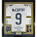 Framed Autographed/Signed J.J. JJ McCarthy 35x39 Michigan White College Stat Football Jersey Beckett BAS COA