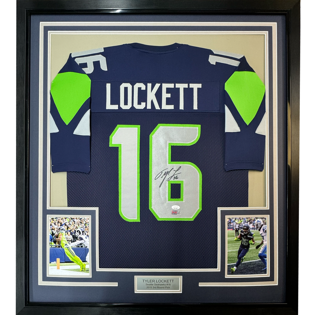 Framed Autographed/Signed Tyler Lockett 35x39 Seattle Blue Football Jersey JSA COA