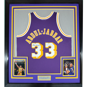 Framed Autographed/Signed Kareem Abdul-Jabbar 35x39 Los Angeles Lakers Mitchell & Ness Purple Basketball Jersey Fanatics COA