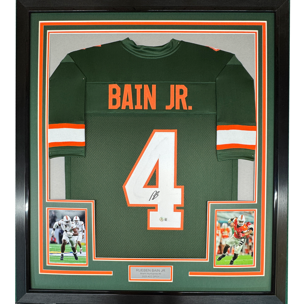 Framed Autographed/Signed Rueben Bain Jr. 35x39 Miami Green College Football Jersey Beckett BAS COA