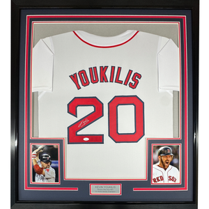 Framed Autographed/Signed Kevin Youkilis 35x39 Boston White Baseball Jersey JSA COA