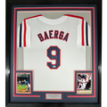 Framed Autographed/Signed Carlos Baerga 35x39 Cleveland White Baseball Jersey Beckett BAS COA
