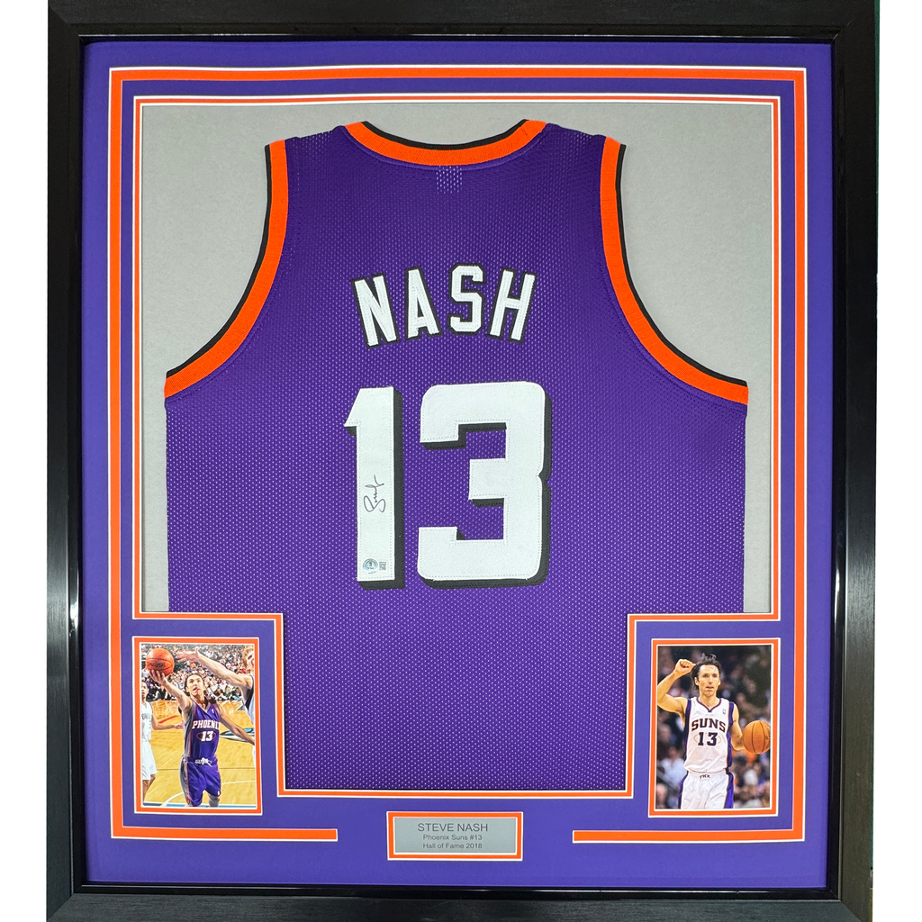 Framed Autographed/Signed Steve Nash 35x39 Phoenix Purple Basketball Jersey Beckett BAS COA
