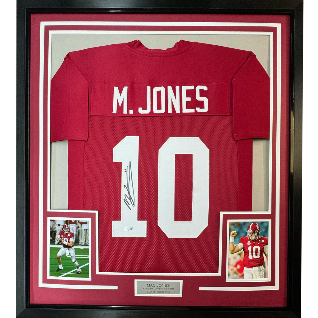 Framed Autographed/Signed Mac Jones 35x39 Alabama Red College Football Jersey Beckett BAS COA