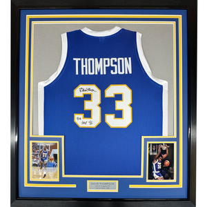 Framed Autographed/Signed David Thompson 35x39 HOF 96 Denver Blue Retro Rainbow Basketball Jersey Beckett BAS COA