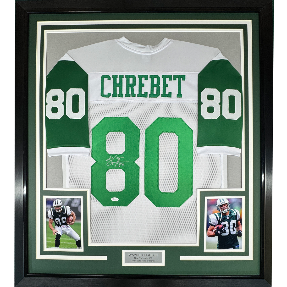 Framed Autographed/Signed Wayne Chrebet 35x39 New York White Football Jersey JSA COA