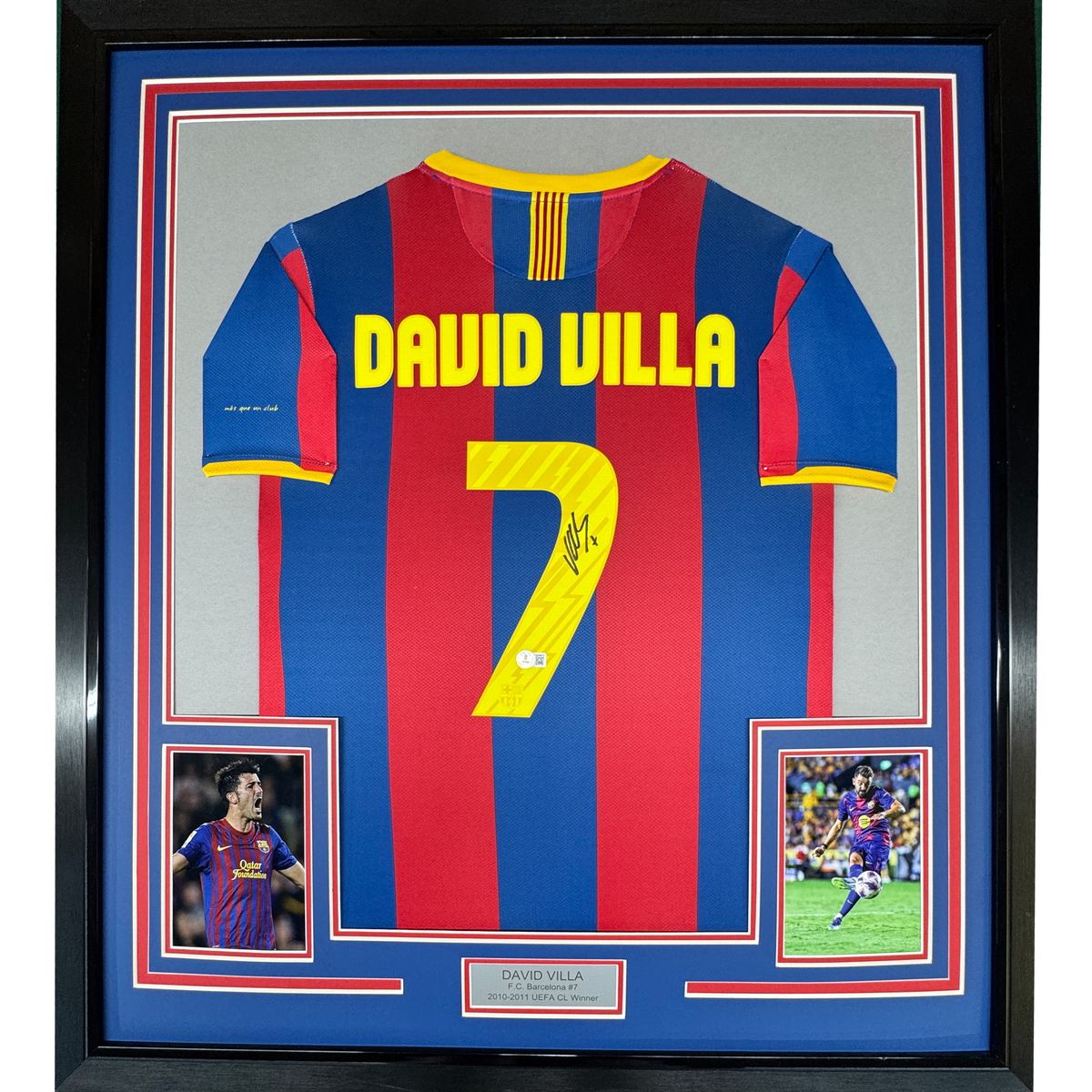 Framed Autographed/Signed David Villa 35x39 FC Barcelona Blue Soccer Jersey Beckett BAS COA