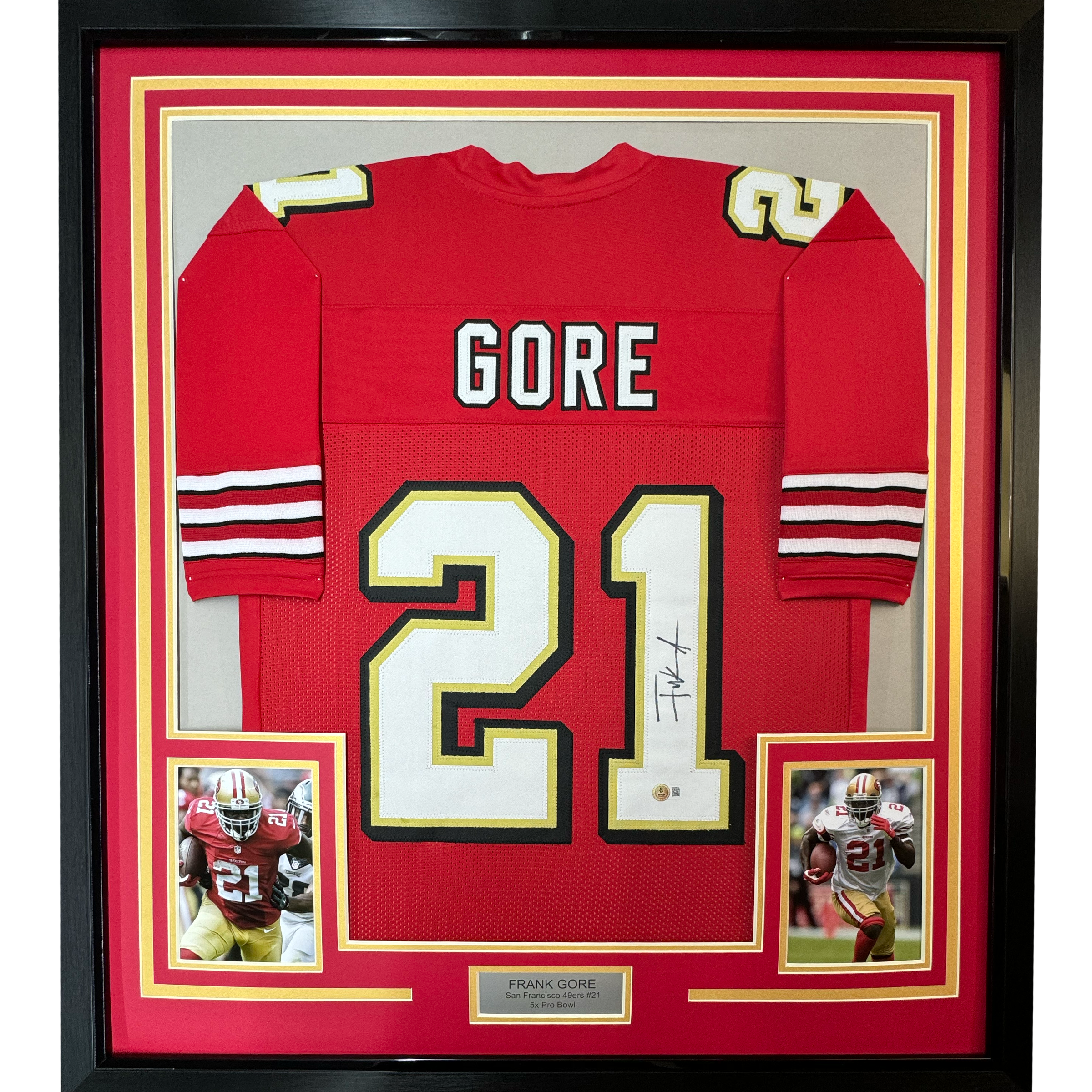 Framed Autographed/Signed Frank Gore 35x39 San Francisco Red Alternate Football Jersey Beckett BAS COA