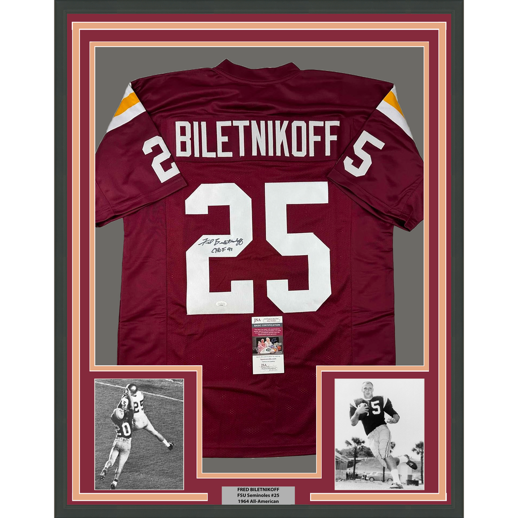 Framed Autographed/Signed Fred Biletnikoff 35x39 CHOF 91 Florida State FSU Red College Football Jersey JSA COA