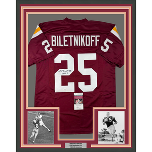 Framed Autographed/Signed Fred Biletnikoff 35x39 CHOF 91 Florida State FSU Red College Football Jersey JSA COA