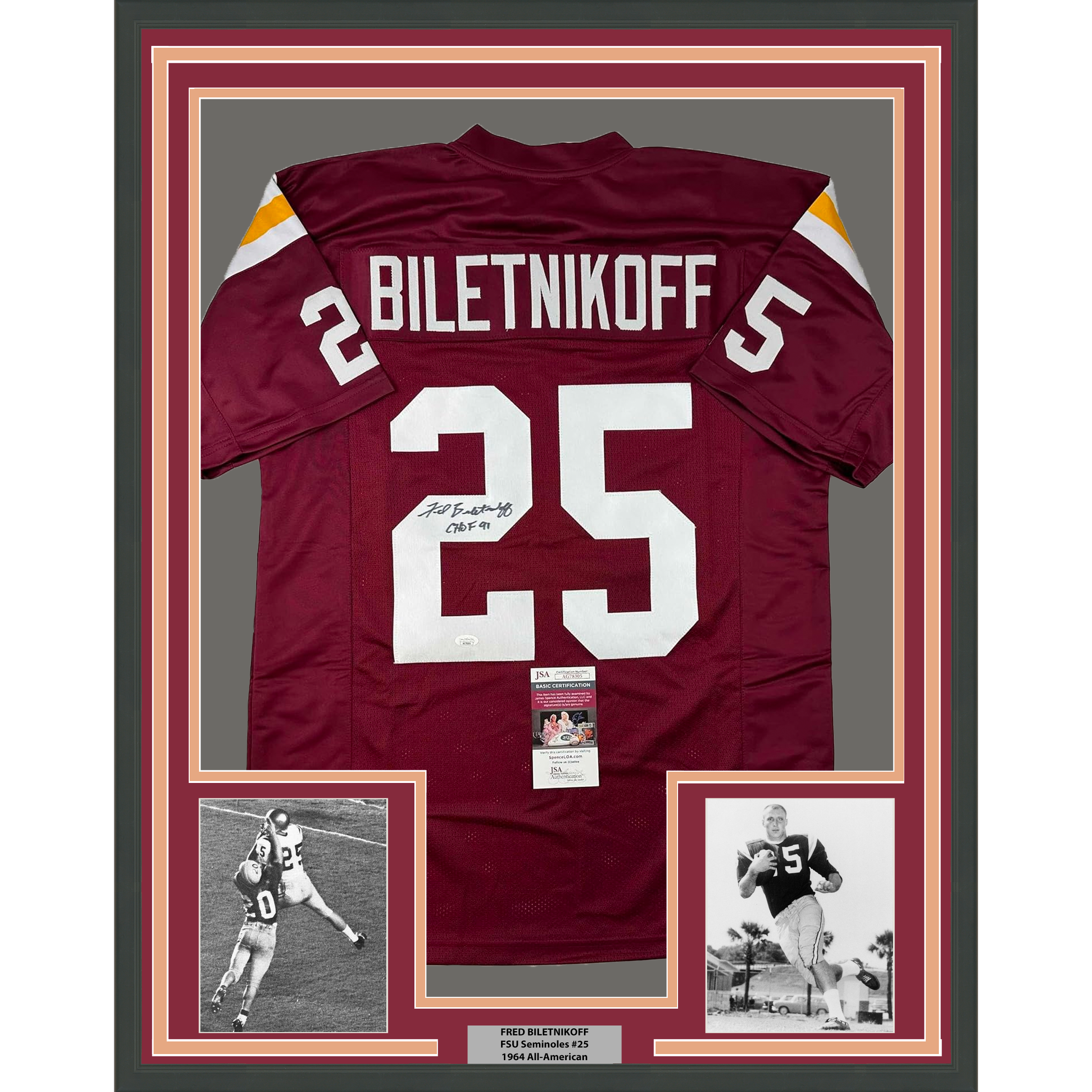 Framed Autographed/Signed Fred Biletnikoff 35x39 CHOF 91 Florida State FSU Red College Football Jersey JSA COA