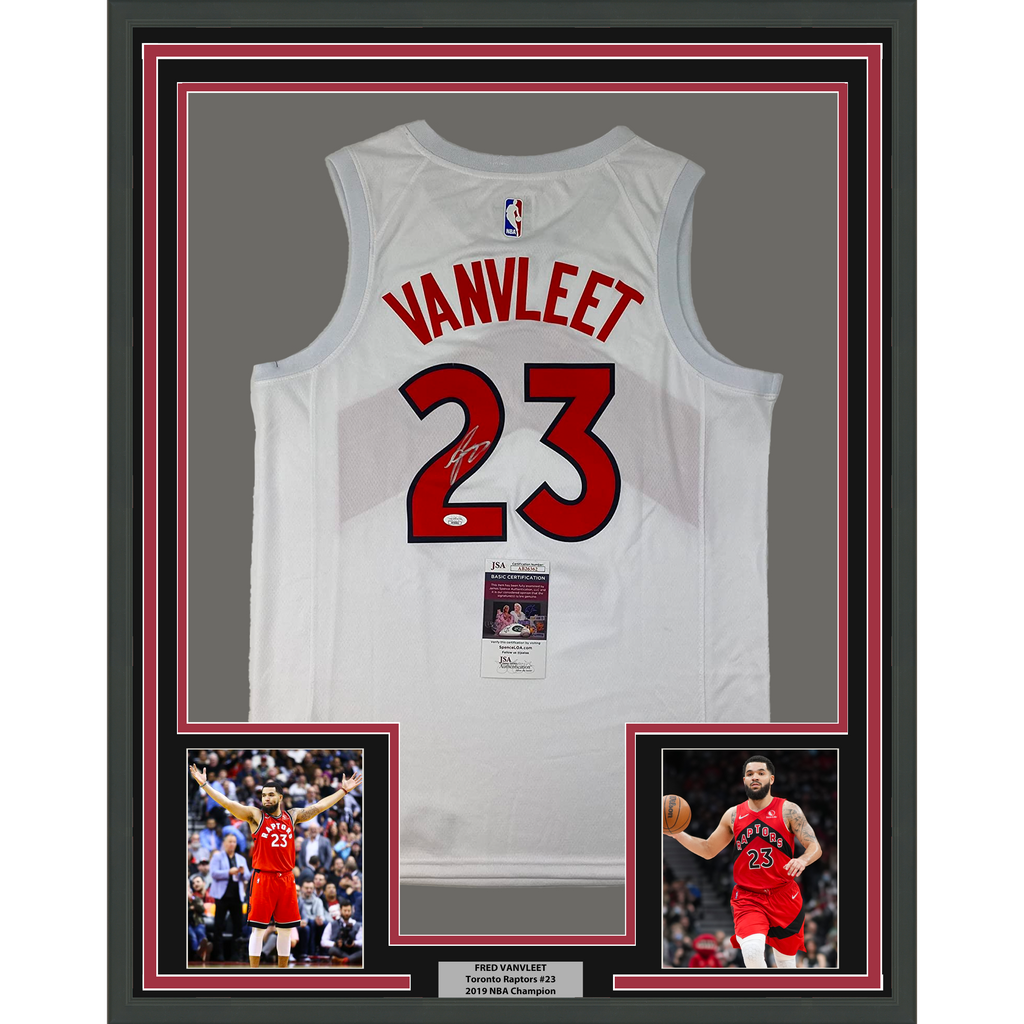 Framed Autographed/Signed Fred VanVleet 35x39 Toronto Raptors White Basketball Jersey JSA COA