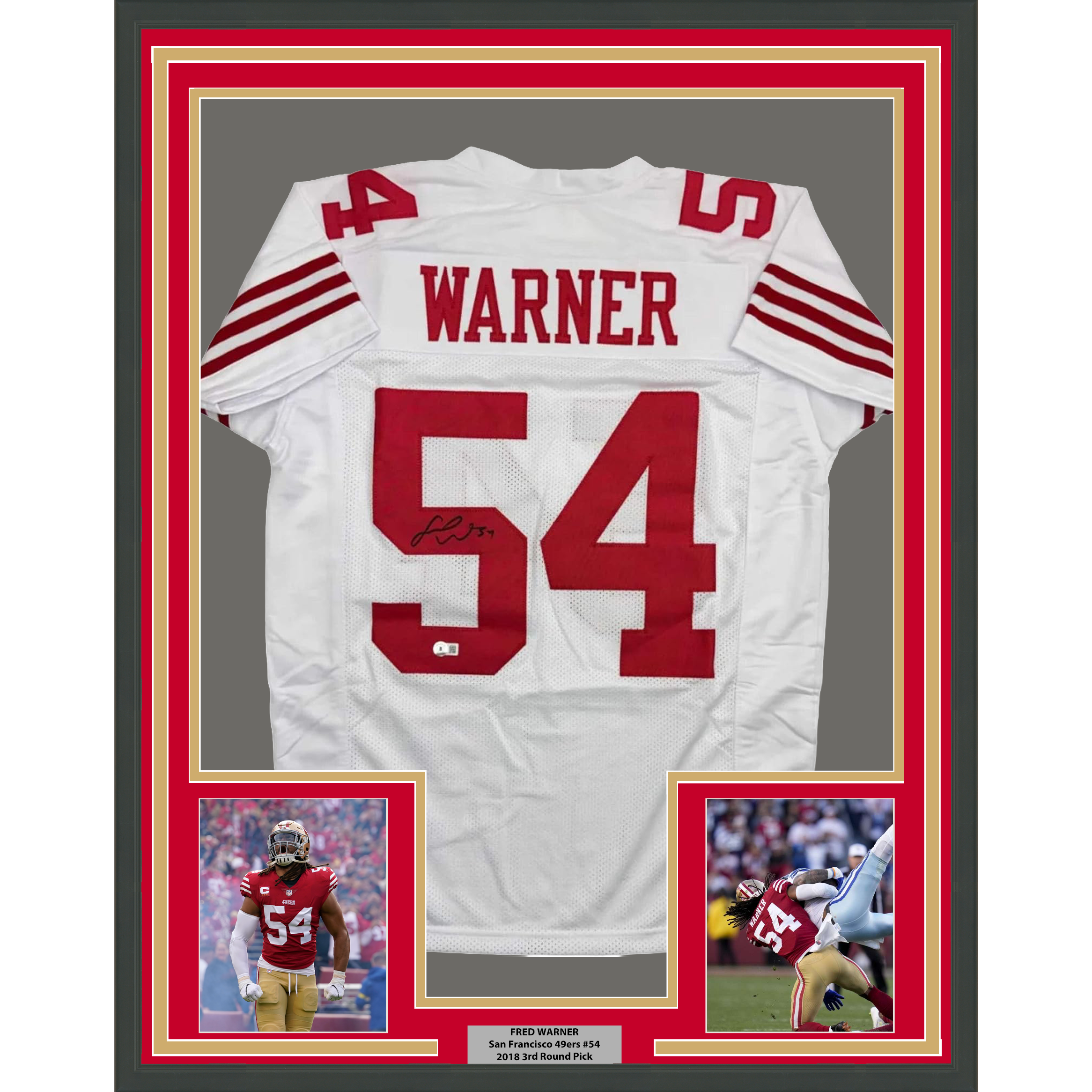 Framed Autographed/Signed Fred Warner 35x39 San Francisco White Football Jersey Beckett BAS COA