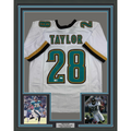 Framed Autographed/Signed Fred Taylor 35x39 Jacksonville White Football Jersey JSA COA