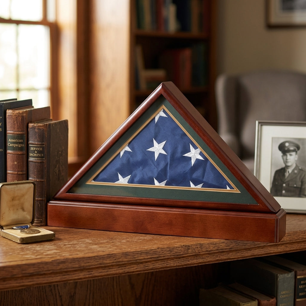 Burial/Funeral Flag Display Case Frame with Pedestal Stand - Green Mat