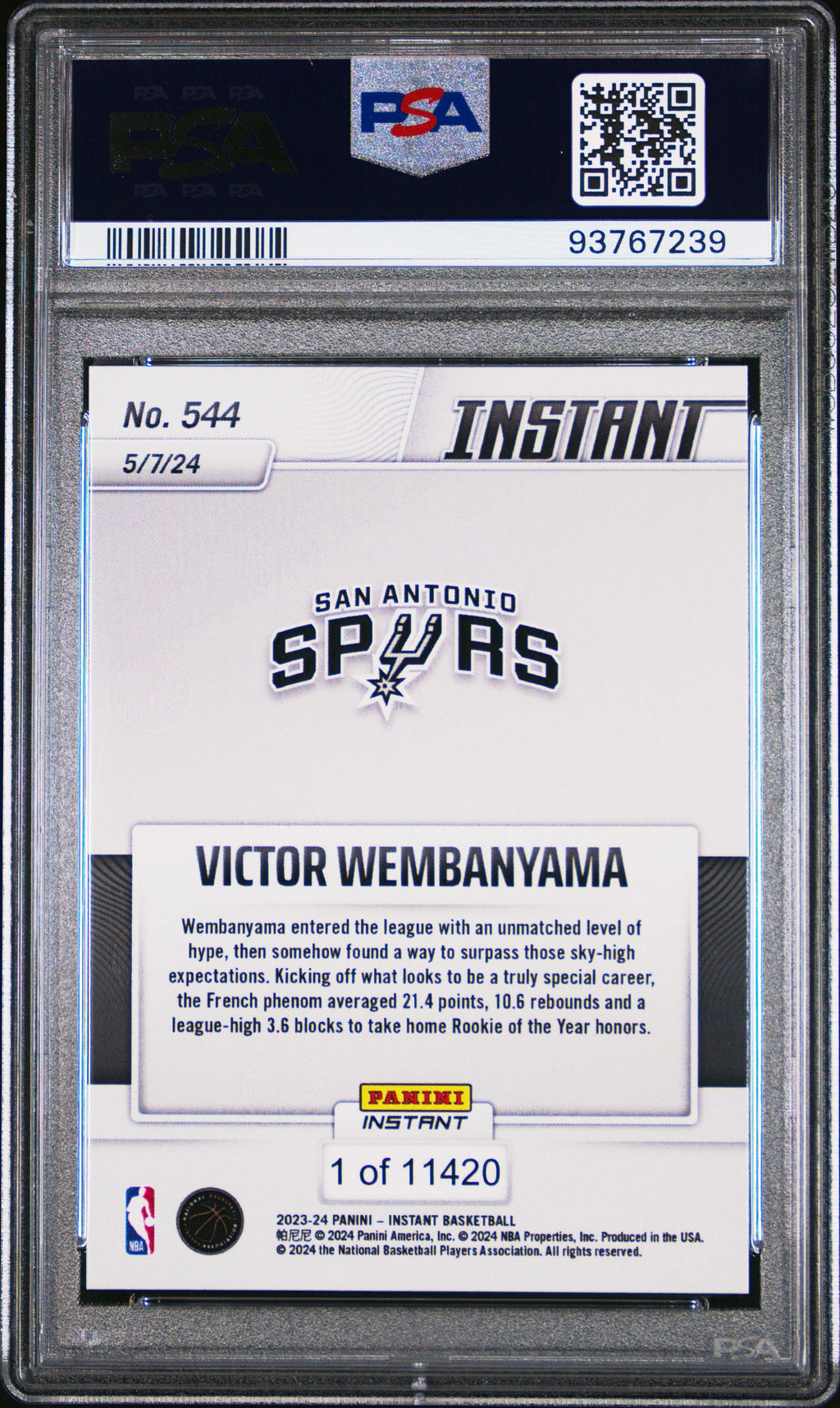 Graded 2023 Panini Instant Victor Wembanyama #544 Rookie RC Basketball Card PSA 9 Mint